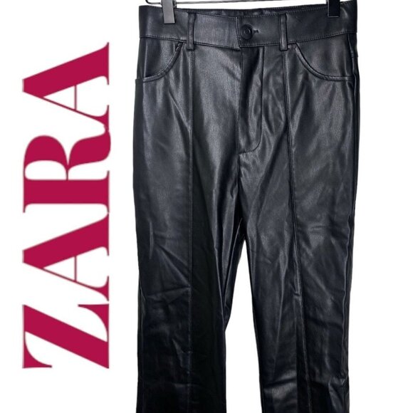 ZARA Faux Leather Slim Bootcut Flare Ankle Zip Full Length Pants Black, Size XS - Picture 4 of 16